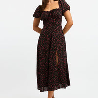 Black Ditsy Midi Dress Puff Sleeve