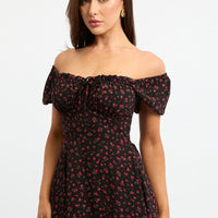 Black Ditsy Midi Dress Puff Sleeve