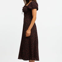 Black Ditsy Midi Dress Puff Sleeve