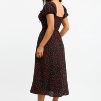 Black Ditsy Midi Dress Puff Sleeve