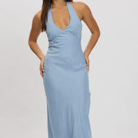 Blue Midi Dress Halter Neck