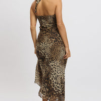 Brown Animal Print Midi Dress Halter Neck