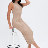 Beige Midi Dress Turtle Neck Bodycon Knitted Rib