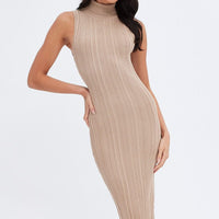 Beige Midi Dress Turtle Neck Bodycon Knitted Rib