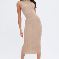 Beige Midi Dress Turtle Neck Bodycon Knitted Rib