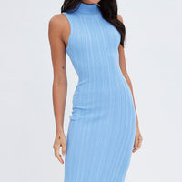 Blue Midi Dress Turtle Neck Bodycon Knitted Rib