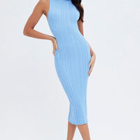 Blue Midi Dress Turtle Neck Bodycon Knitted Rib