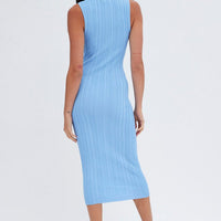 Blue Midi Dress Turtle Neck Bodycon Knitted Rib