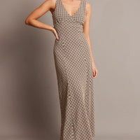 Brown Geo Midi Dress V Neck Sleeveless