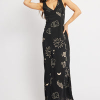 Black Abstract Midi Dress V Neck Sleeveless