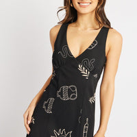 Black Abstract Midi Dress V Neck Sleeveless
