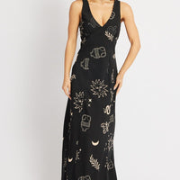 Black Abstract Midi Dress V Neck Sleeveless