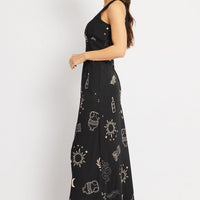 Black Abstract Midi Dress V Neck Sleeveless