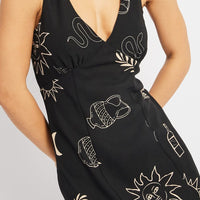 Black Abstract Midi Dress V Neck Sleeveless