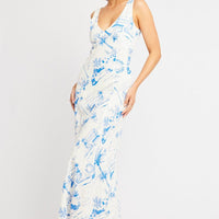 Blue Abstract Midi Dress V Neck Sleeveless