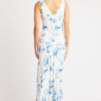 Blue Abstract Midi Dress V Neck Sleeveless