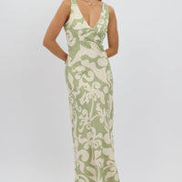 Green Abstract Midi Dress V Neck Sleeveless
