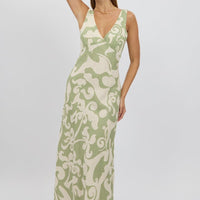 Green Abstract Midi Dress V Neck Sleeveless
