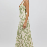 Green Abstract Midi Dress V Neck Sleeveless