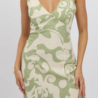 Green Abstract Midi Dress V Neck Sleeveless