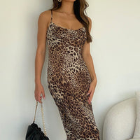 Brown Animal Print Maxi Dress Cowl Neck