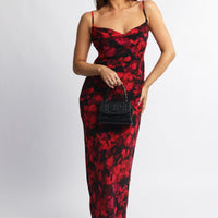 Red Floral Maxi Dress Cowl Neck