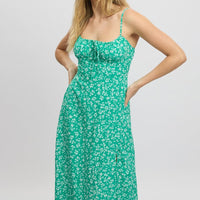 Green Ditsy Midi Dress Gathered Bust