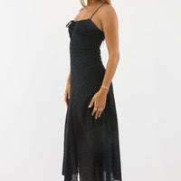Black Midi Dress Gathered Bust Eyelet Fabric