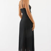 Black Midi Dress Gathered Bust Eyelet Fabric