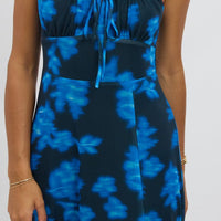 Blue Abstract Midi Dress Gathered Bust