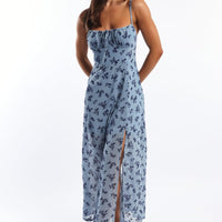 Blue Ditsy Midi Dress Gathered Bust Burn Out