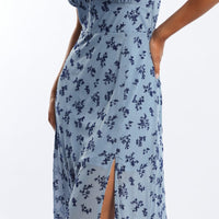 Blue Ditsy Midi Dress Gathered Bust Burn Out