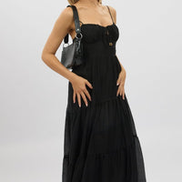 Black Midi Dress Tiered Strappy