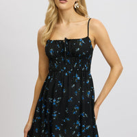 Black Floral Midi Dress Tiered Strappy