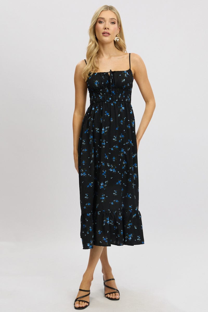 Black Floral Midi Dress Tiered Strappy