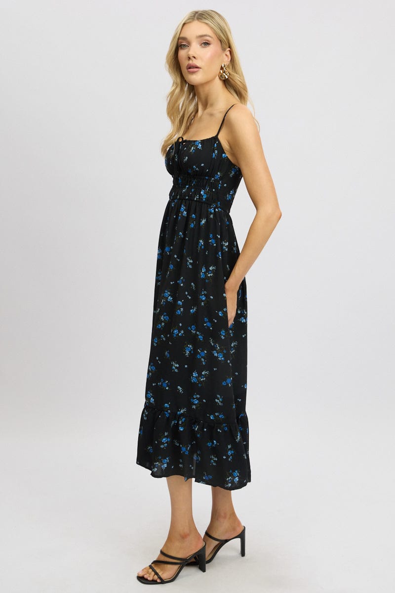 Black Floral Midi Dress Tiered Strappy