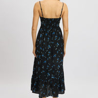 Black Floral Midi Dress Tiered Strappy