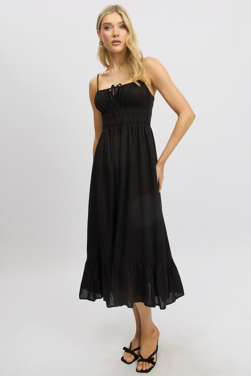 Black Midi Dress Tiered Strappy