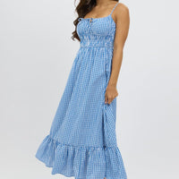 Blue Check Midi Dress Tiered Strappy