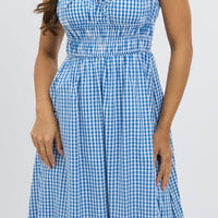 Blue Check Midi Dress Tiered Strappy