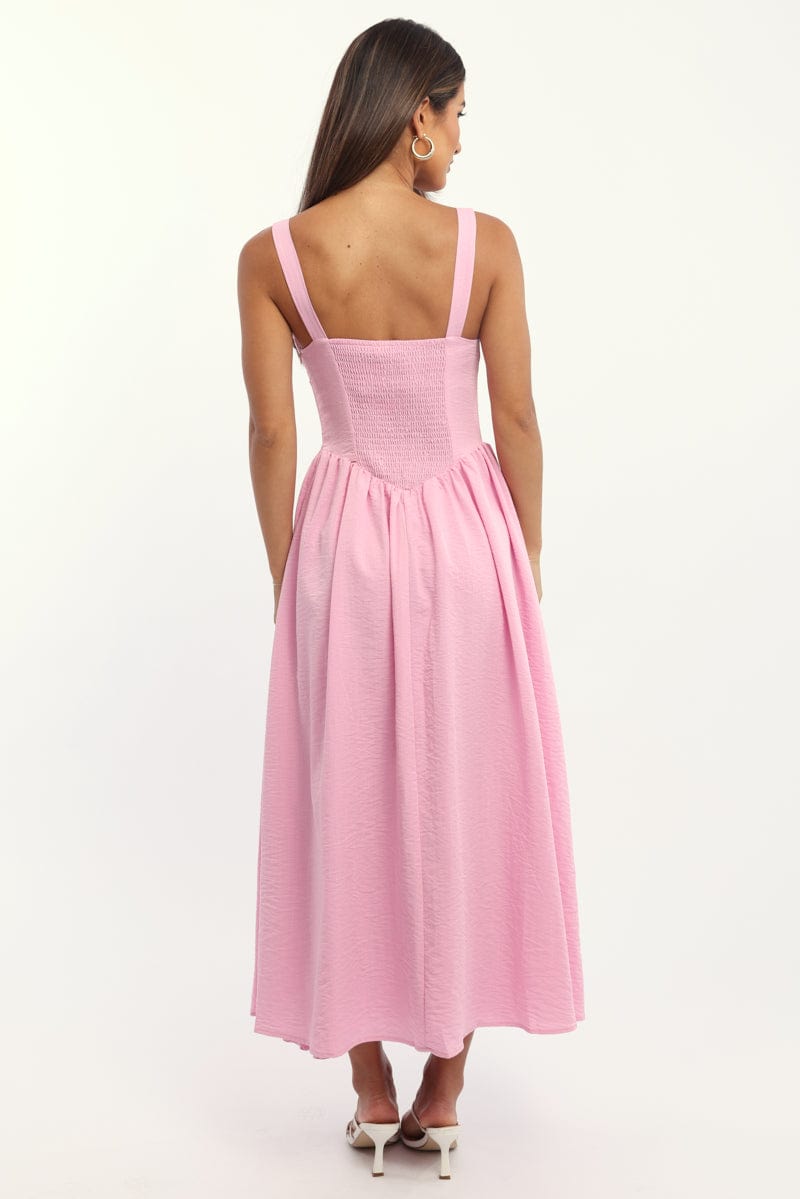 Pink Midi Dress Gathered Bust