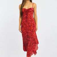 Red Floral Midi Dress Gathered Bust Strappy