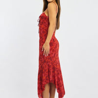 Red Floral Midi Dress Gathered Bust Strappy