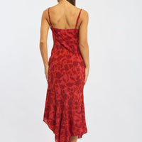 Red Floral Midi Dress Gathered Bust Strappy