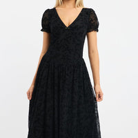 Black Midi Dress Puff Sleeve Burn Out