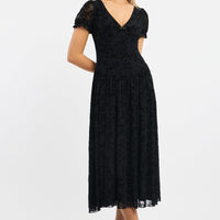 Black Midi Dress Puff Sleeve Burn Out