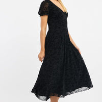 Black Midi Dress Puff Sleeve Burn Out