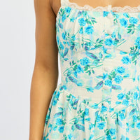 Blue Floral Midi Dress Gathered Bust Lace Trim