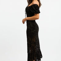 Black Midi Dress Puff Sleeve Mesh