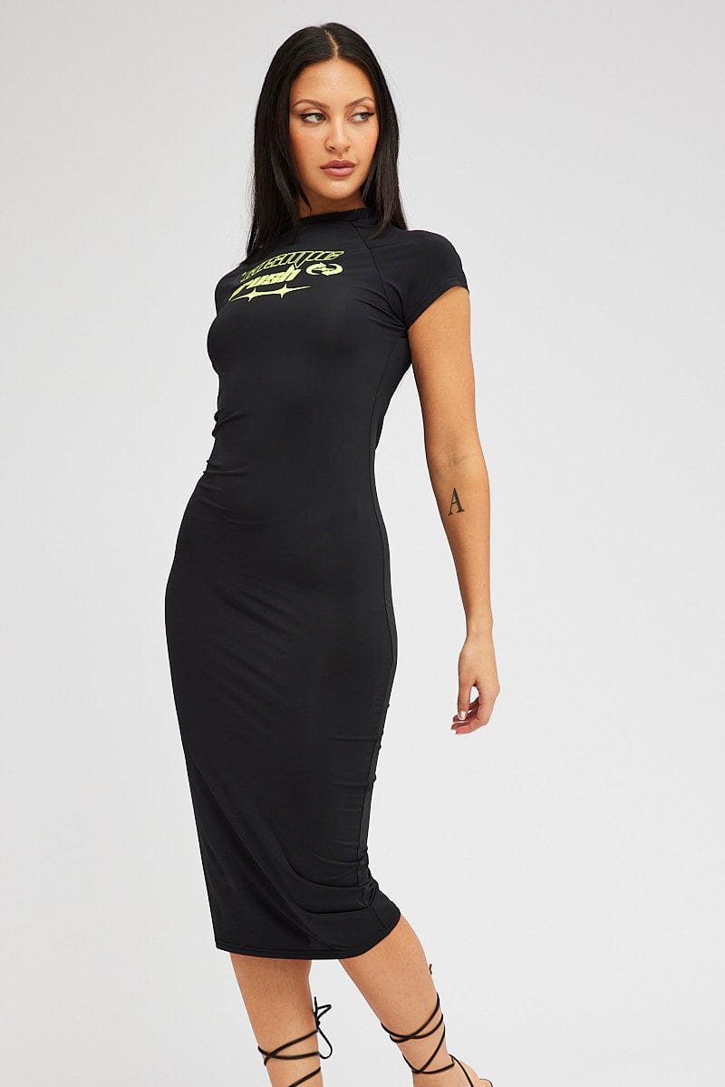 Black Midi Dress Short Sleeve Crew Neck Bodycon Graphic